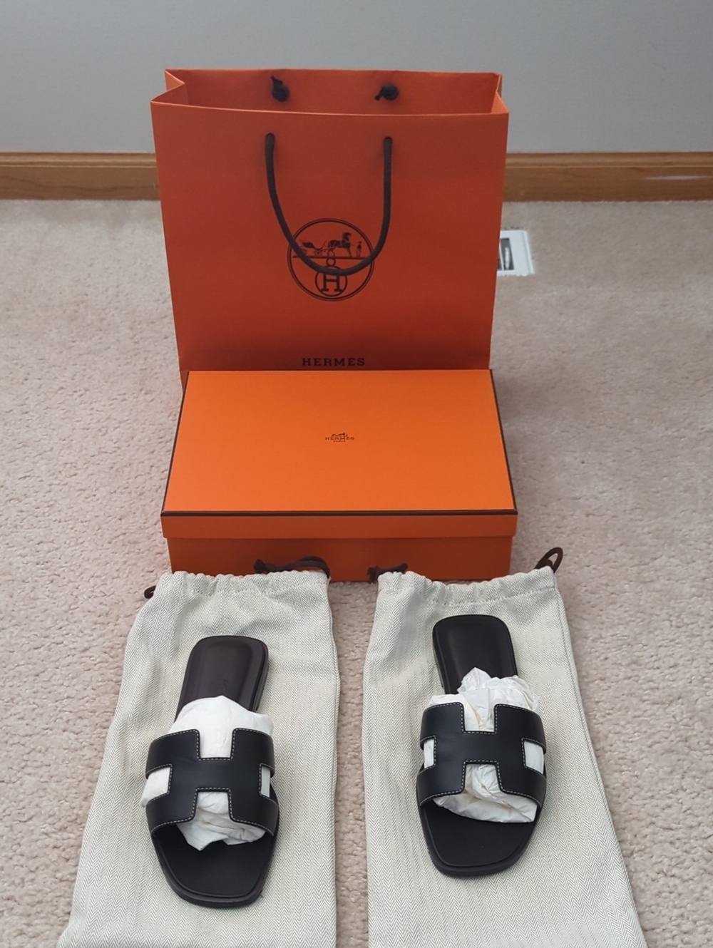 Hermès Oran Black Leather Slide Sandals